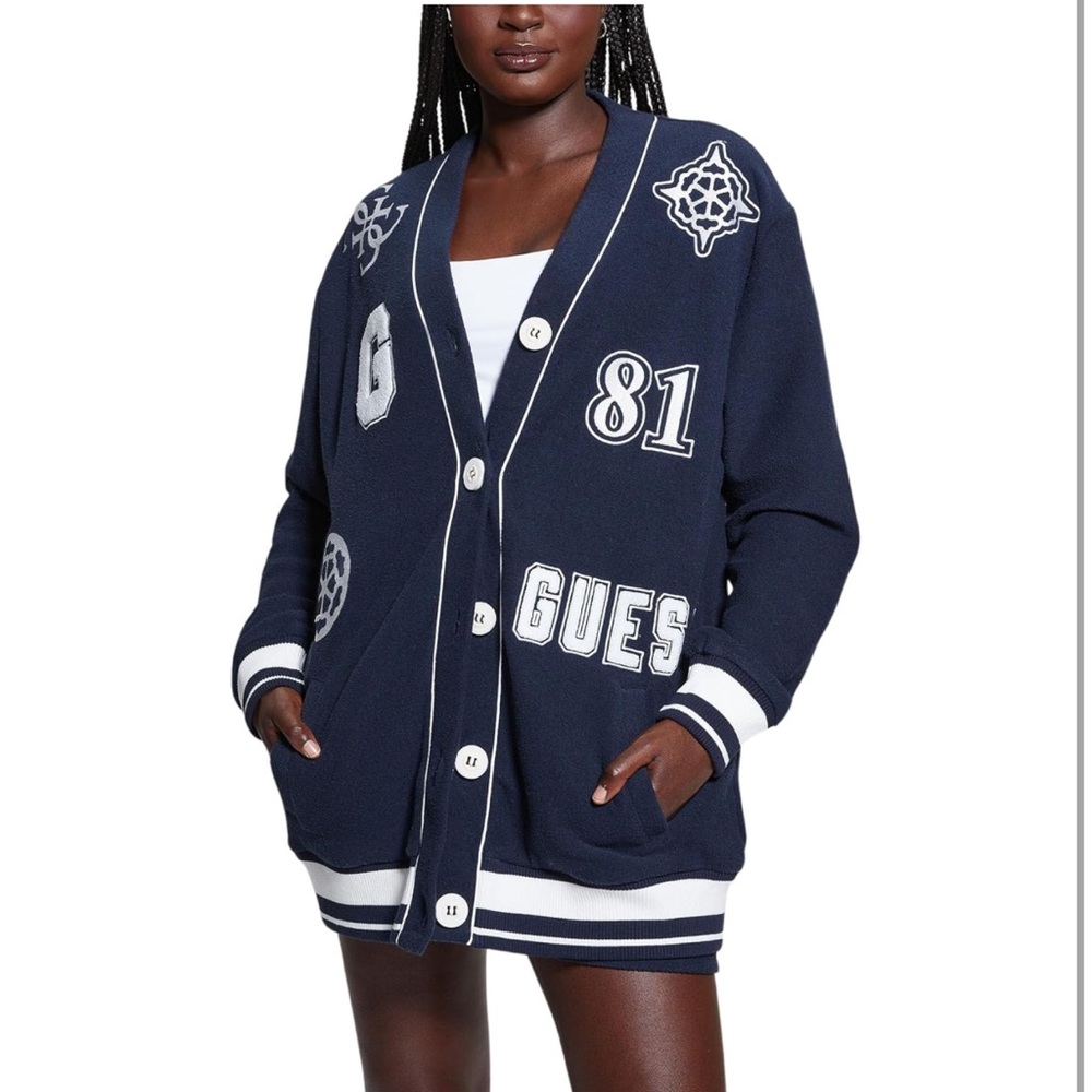 Guess Black RAQUELLE Fleece Cardigan TUNIC TOP or  Dress White Accents